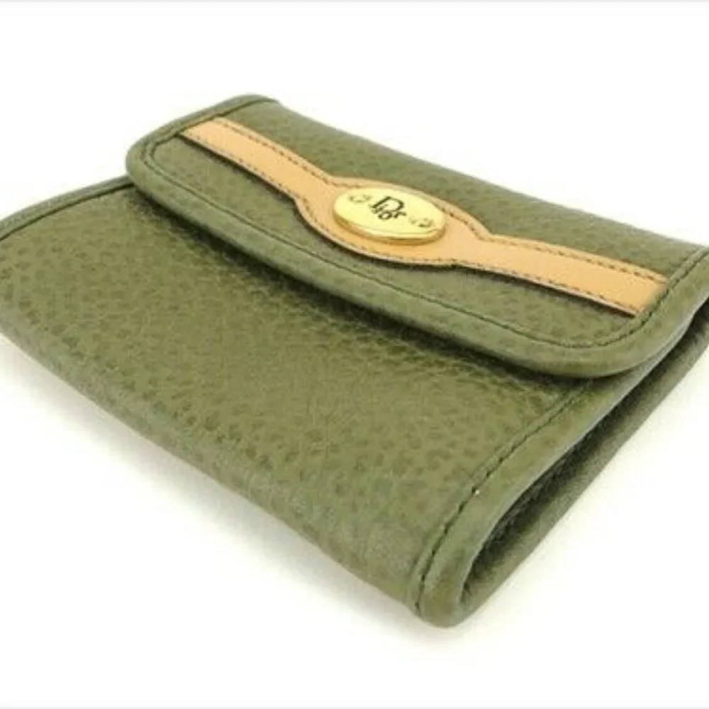 Dior Coin Purse Green Beige Gold leather Woman unisex Authentic Used T9388